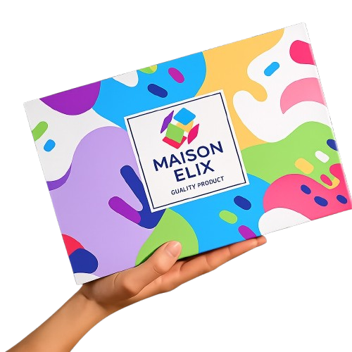 Hand holding a custom printed retail box with colorful brand design
